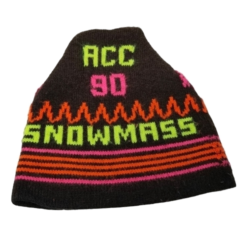 Snowmass Beanie Knit Hat 1990 ACC Brown Neon Stripes Ski Snowboard Skiing Winter